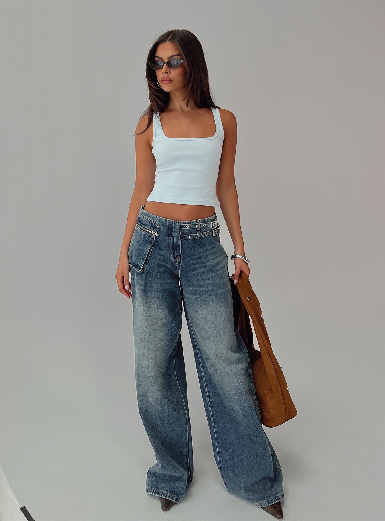 Paltrow Mid Rise Wide Leg Cargo Jeans Mid Blue Wash women's denim jeans by Ellevoria