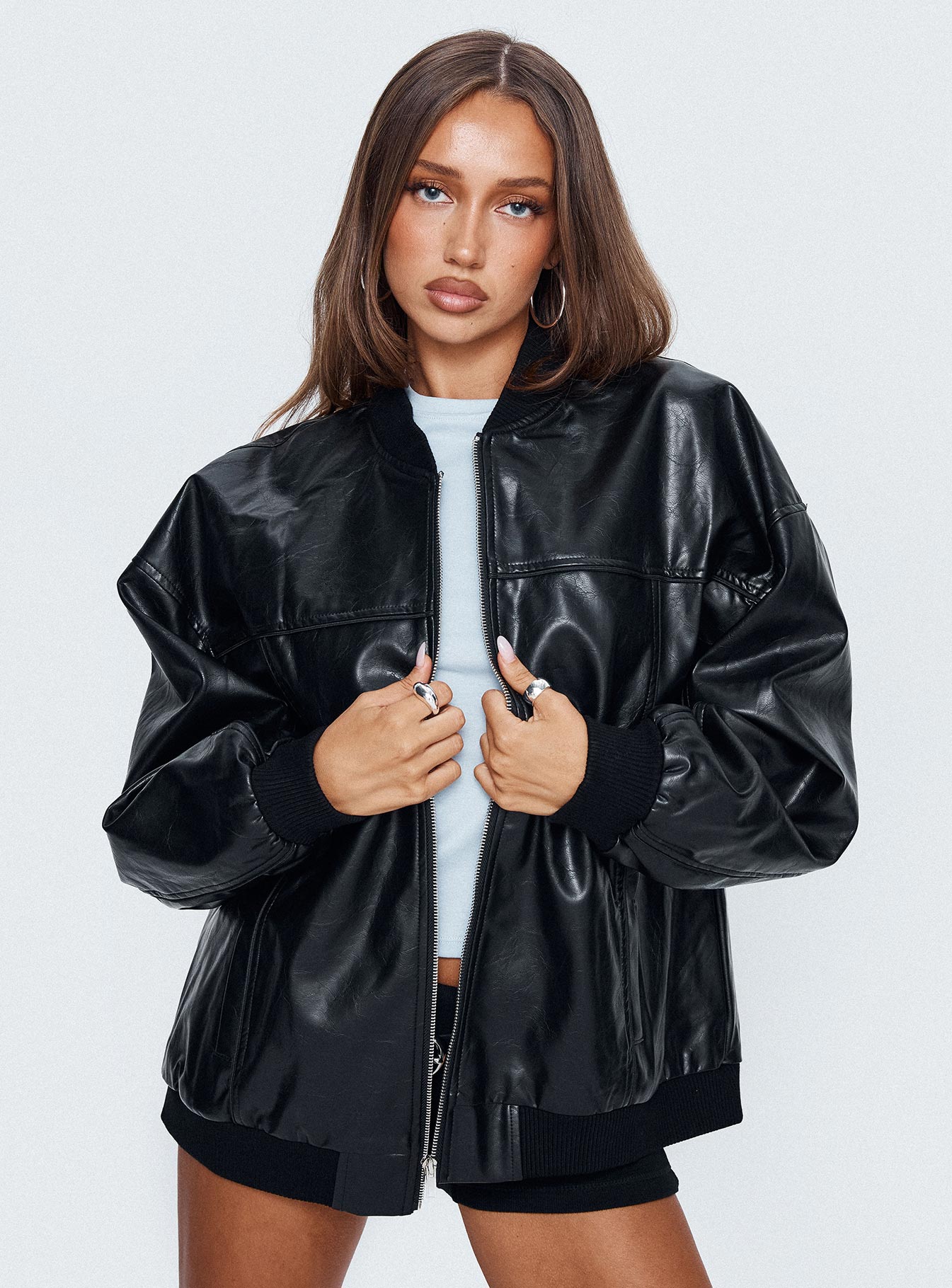 Believe It Faux Leather Bomber Jacket Black women's jacket by Ellevoria