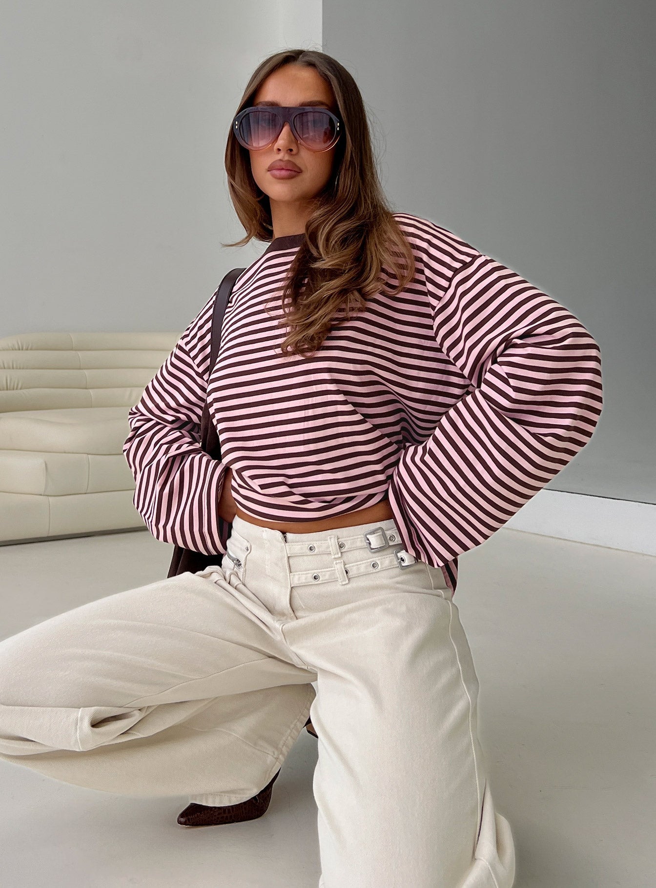Settle Down Long Sleeve Top Pink / Brown Stripe women's two piece set by Ellevoria
