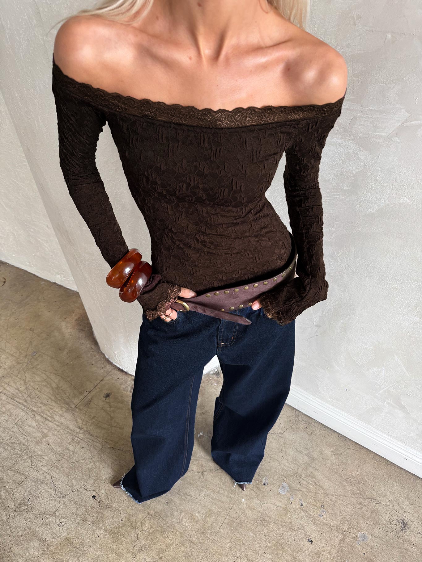 Mochapella Off The Shoulder Top Brown - women's top by Ellevoria - view 9