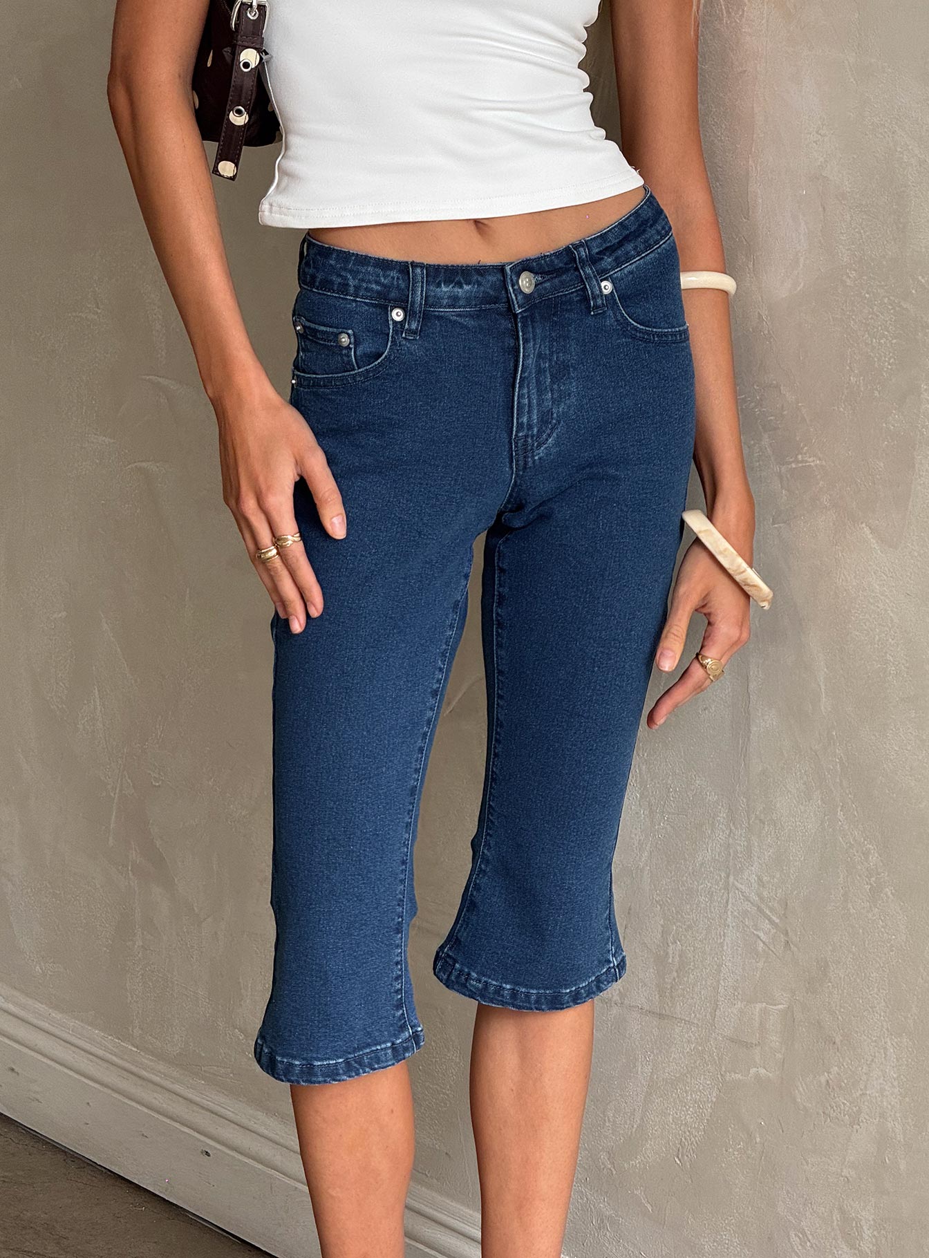 Kissimo Kick Flare Capri Pants Indigo Blue women's denim jeans by Ellevoria