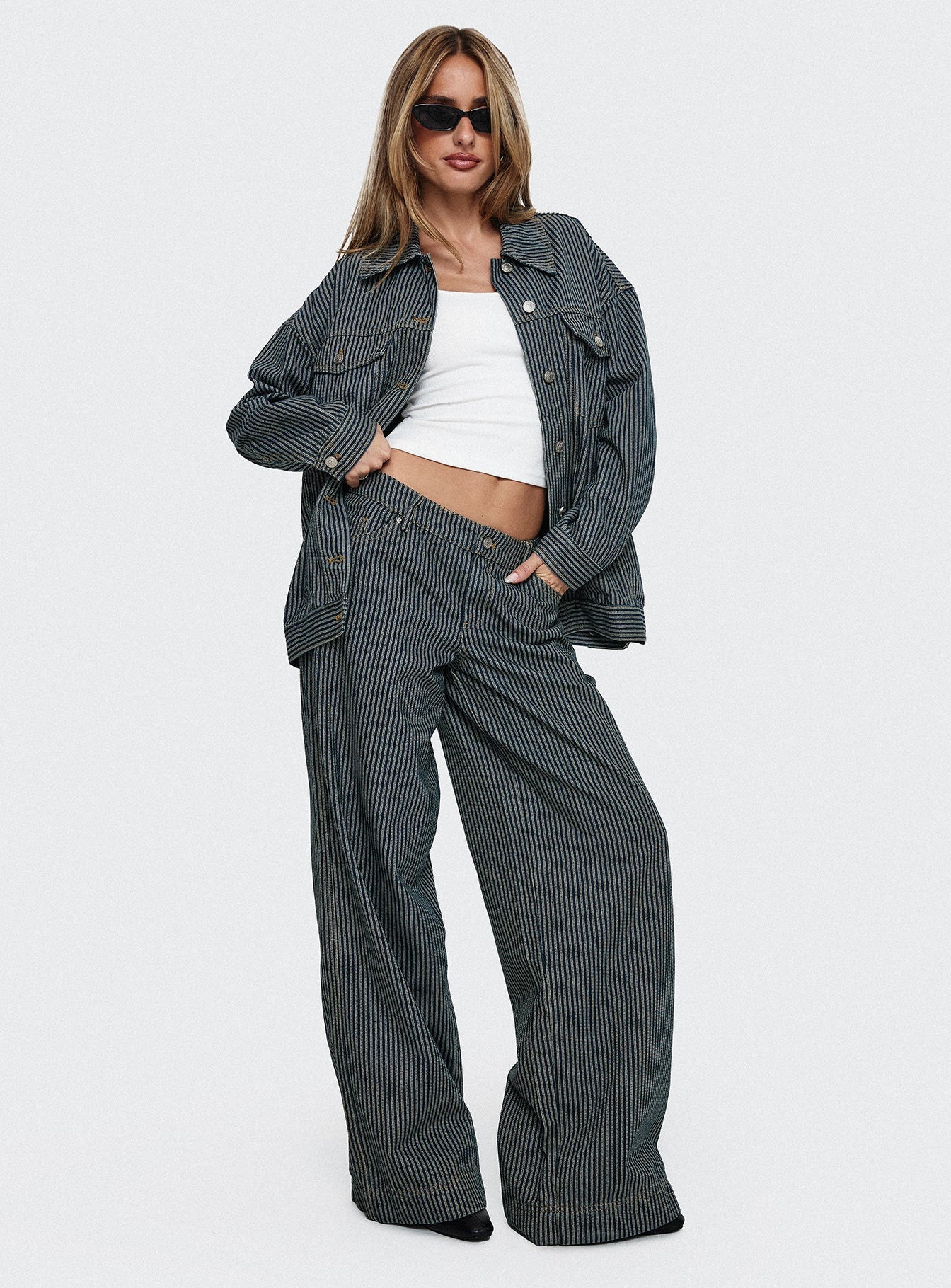 Actually Invested Low Rise Pants Denim Stripe women's pant set by Ellevoria