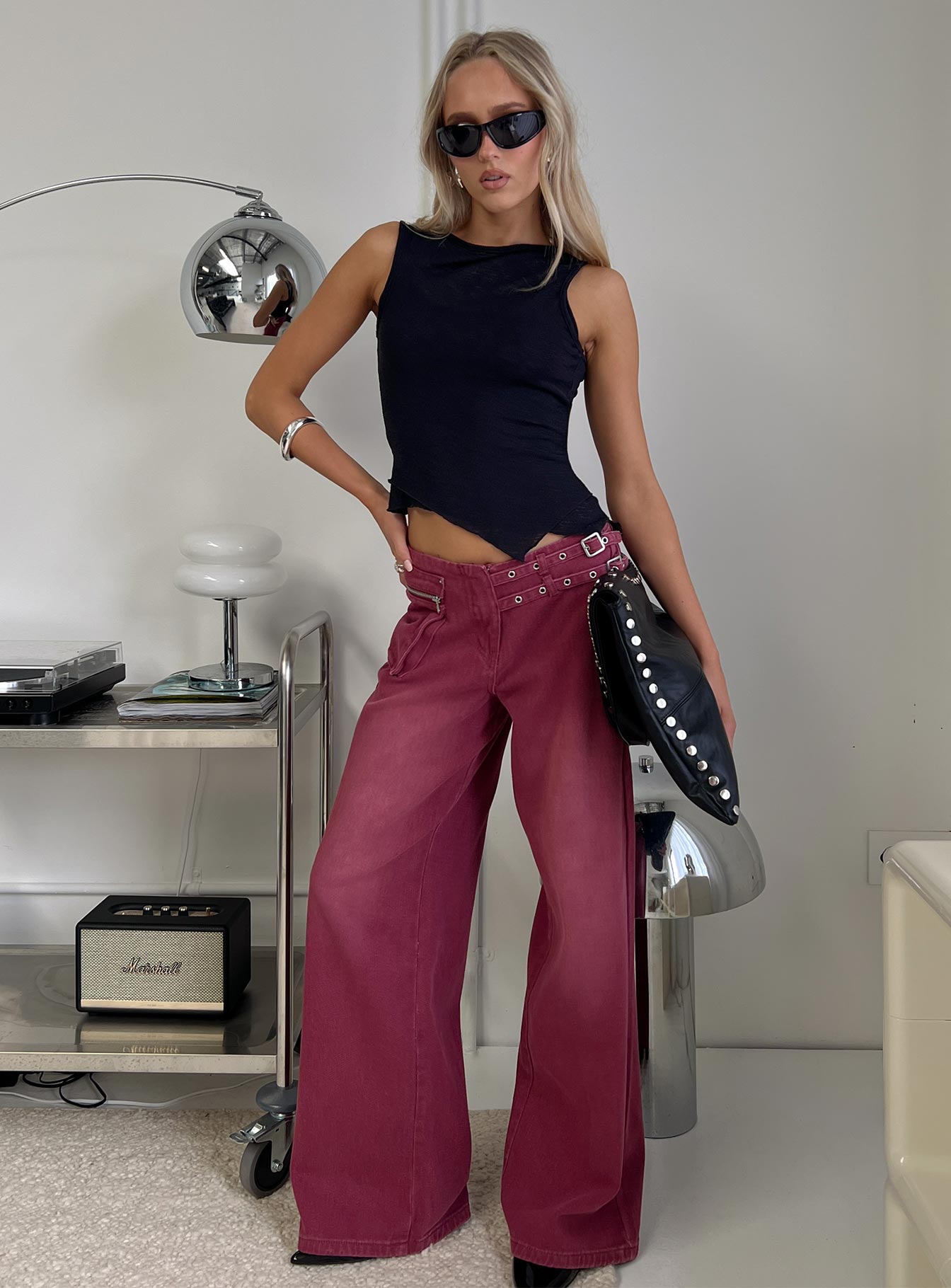 Paltrow Mid Rise Wide Leg Cargo Jeans Washed Burgundy women's denim jeans by Ellevoria