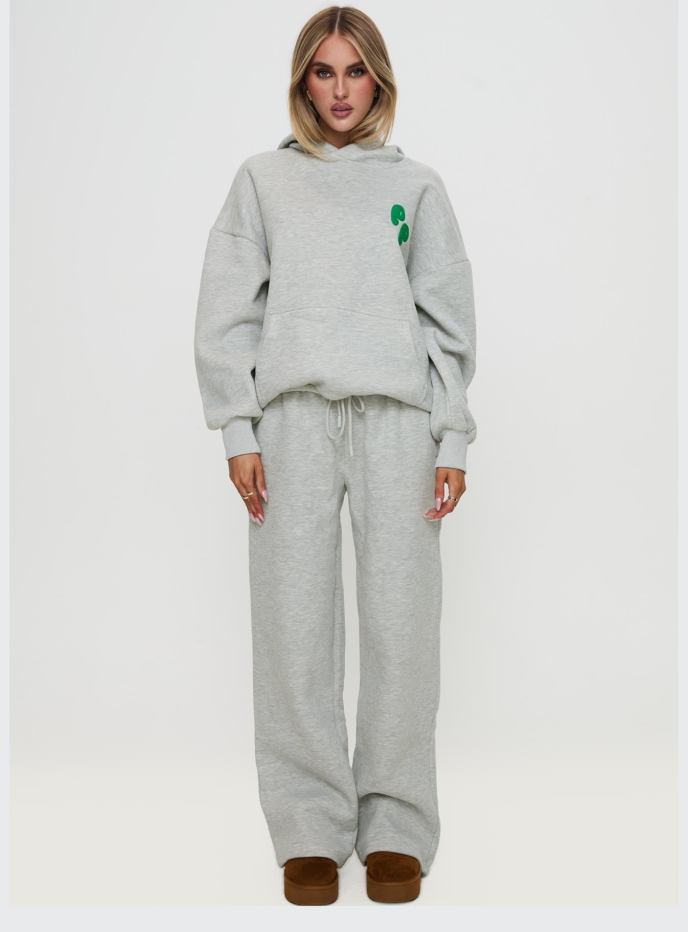 Princess Polly Wide Leg Track Pant Bubble Text Grey Marle / Green women's pant set by Ellevoria