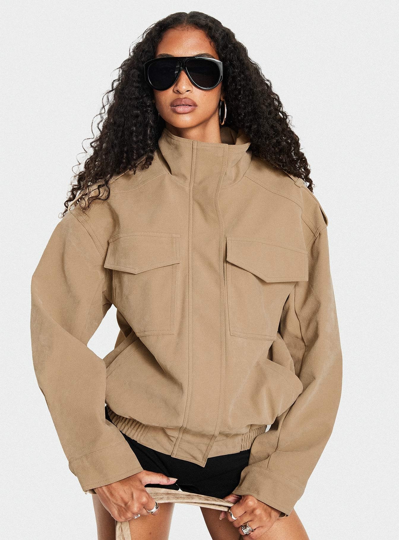 Double Life Funnel Neck Cargo Jacket Beige women's jacket by Ellevoria