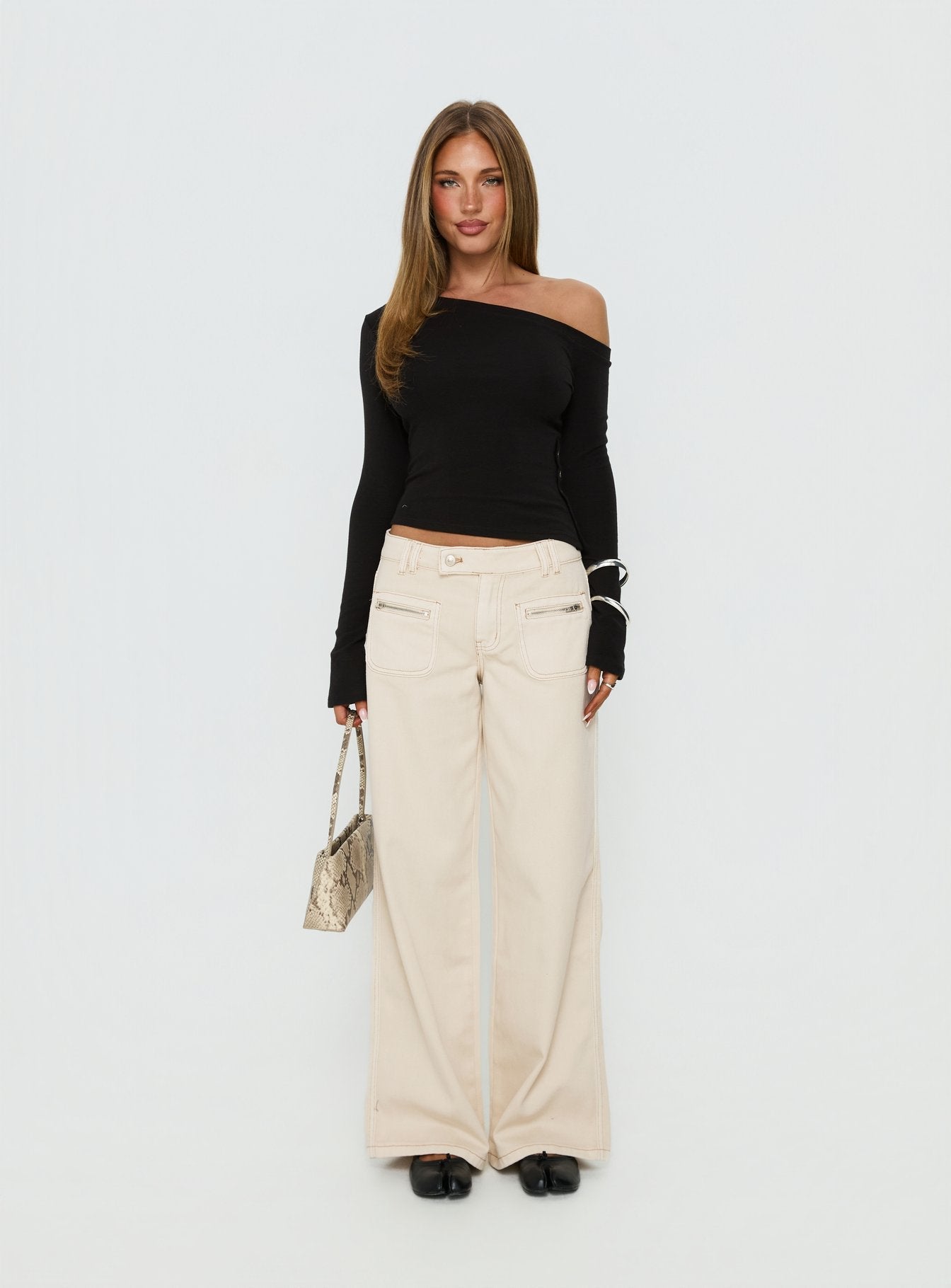 Lifetimes Mid Rise Wide Leg Cargo Jeans Cream women's denim jeans by Ellevoria