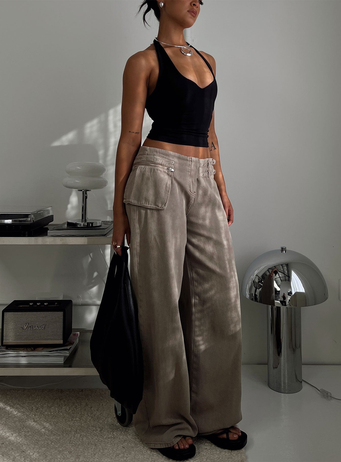 Paltrow Mid Rise Wide Leg Cargo Jeans Washed Brown Petite women's denim jeans by Ellevoria