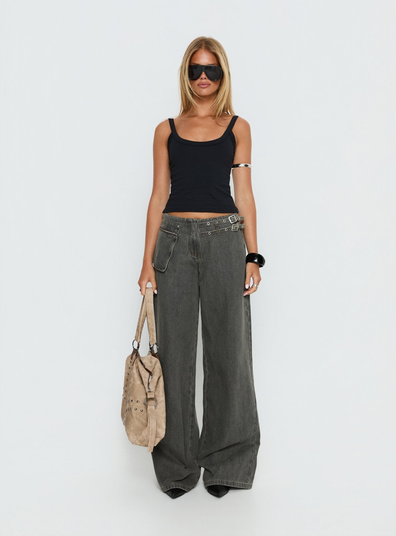 Paltrow Mid Rise Wide Leg Cargo Jeans Washed Grey women's denim jeans by Ellevoria
