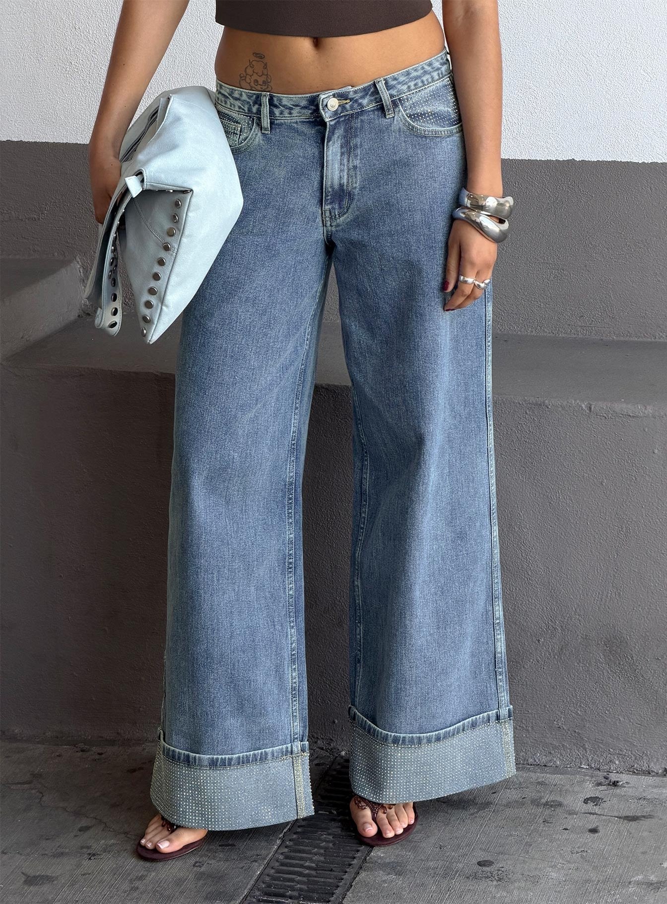 Ramos Diamante Low Rise Wide Leg Jeans Washed Mid Blue women's denim jeans by Ellevoria