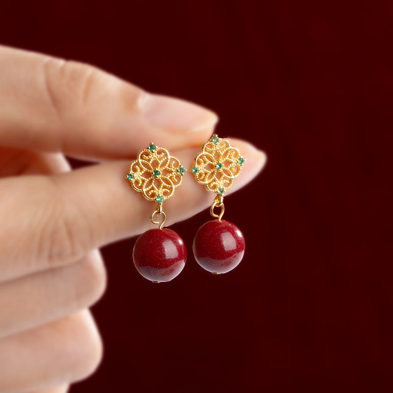 14K Gold Clover Cinnabar Earrings - Emerald Zircon Accents