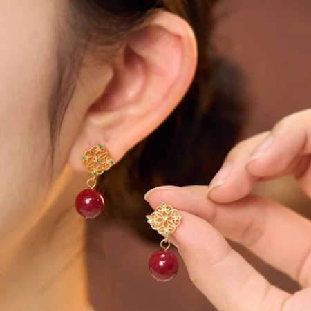 14K Gold Clover Cinnabar Earrings - Emerald Zircon Accents