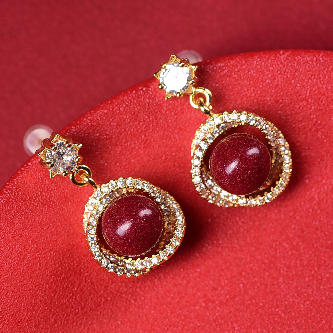 18K Gold Rotating Cinnabar Earrings - Zircon Snowflake Design