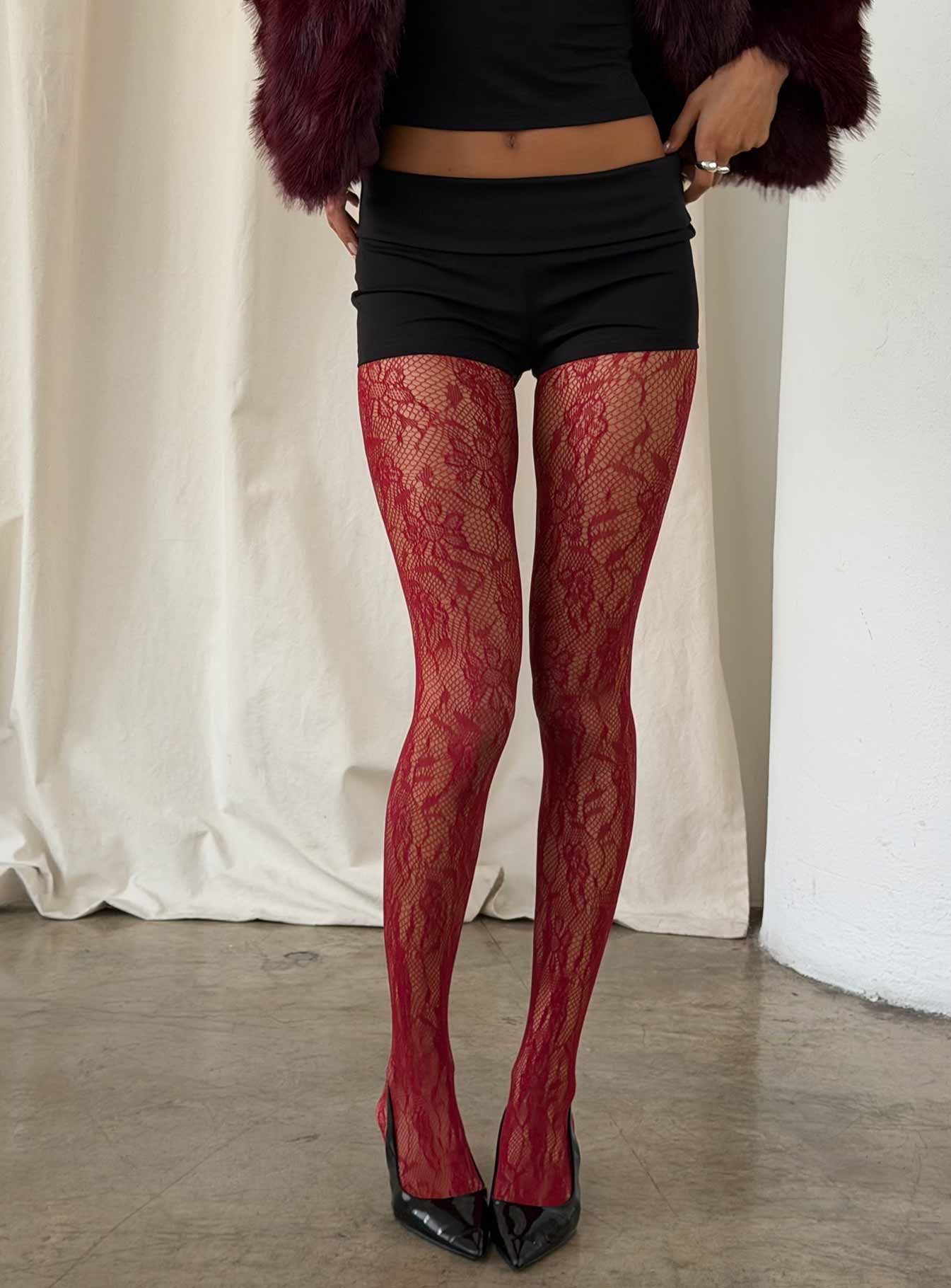 Fior Lace Stockings Red women's tights by Ellevoria