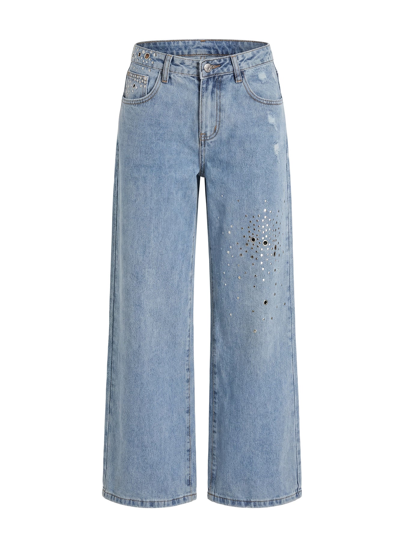 Candi Mid Rise Wide Leg Studded Jeans Light Blue Wash women's denim jeans by Ellevoria