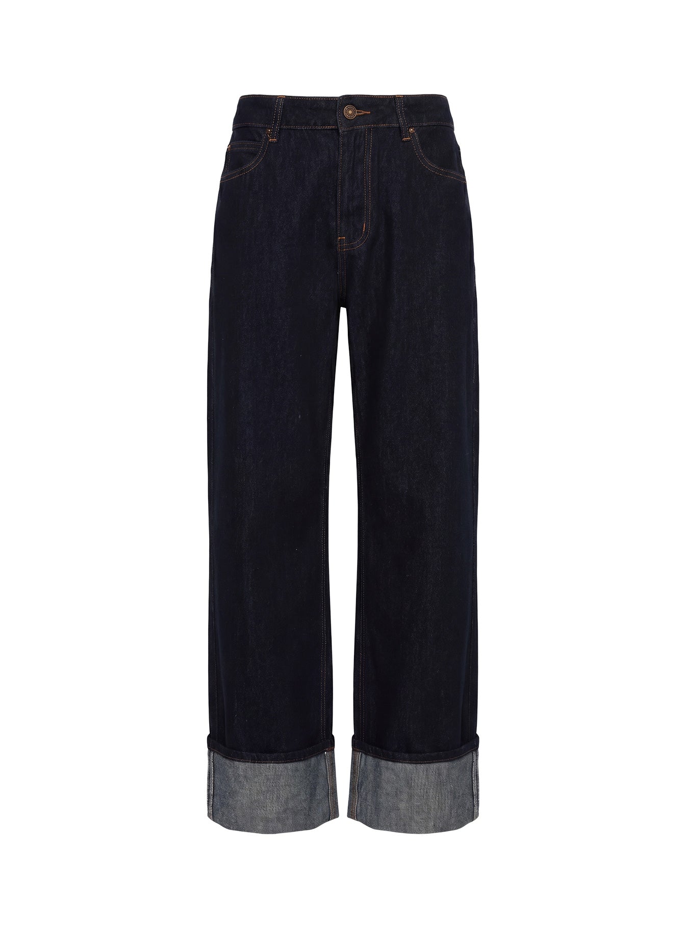 Top Model Low Rise Straight Leg Cuffed Jean Dark Denim women's denim jeans by Ellevoria