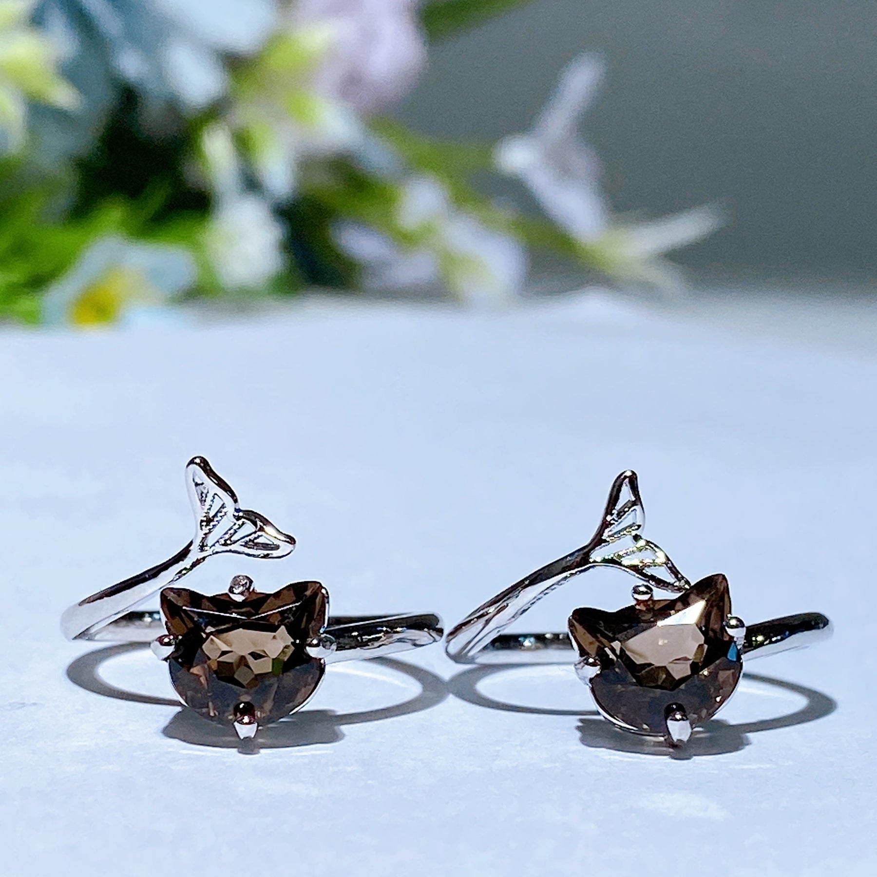 Copper Silver Plated Smoky Quartz Cat Head Ring