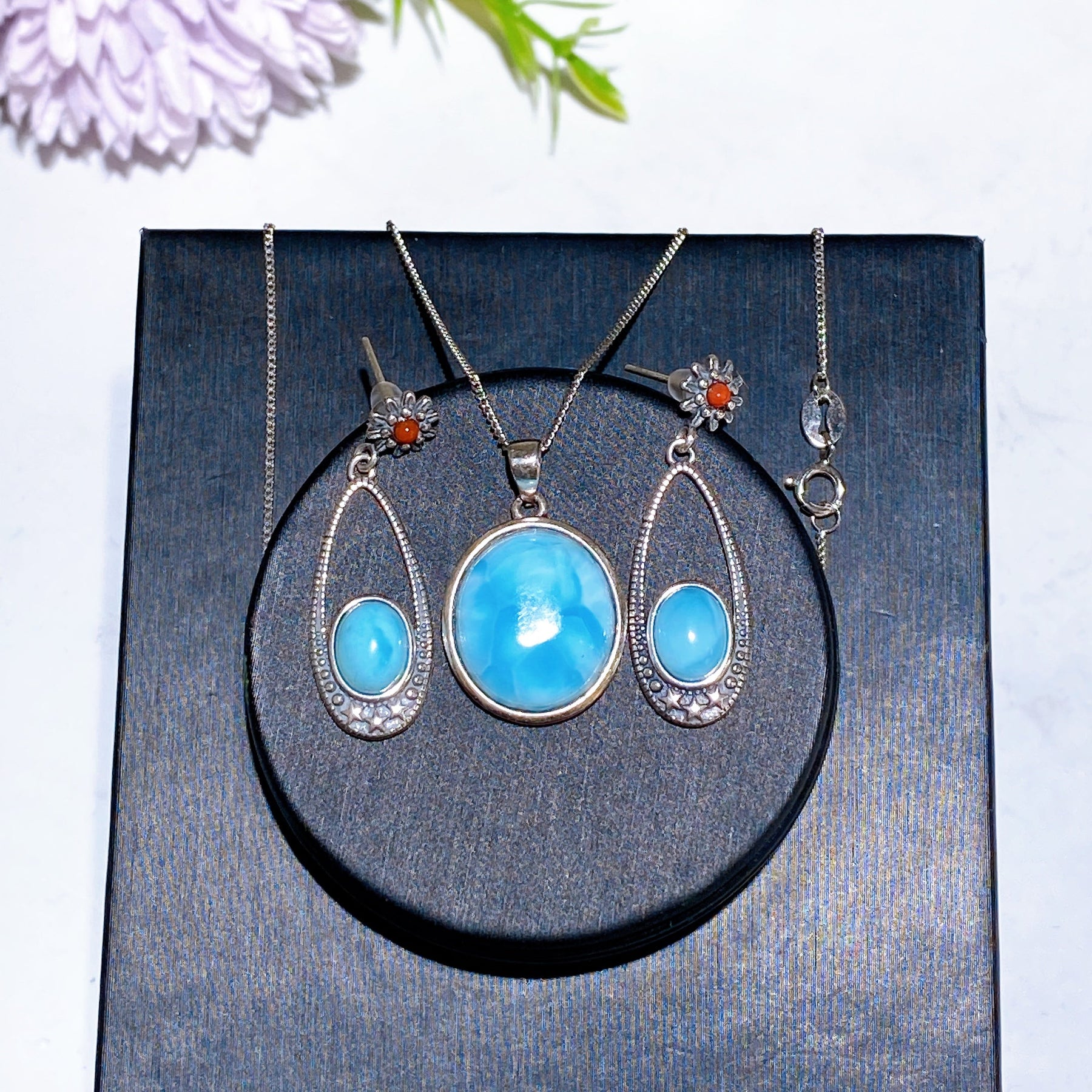 925 Silver Larimar Earrings Necklace