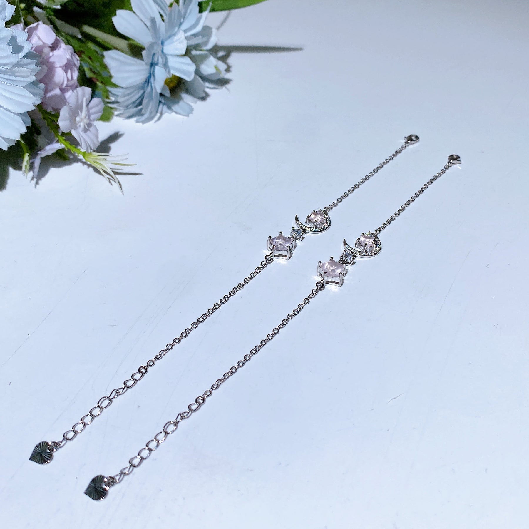 Copper Silver Plated Rose Quartz Moon & Star Bracelet