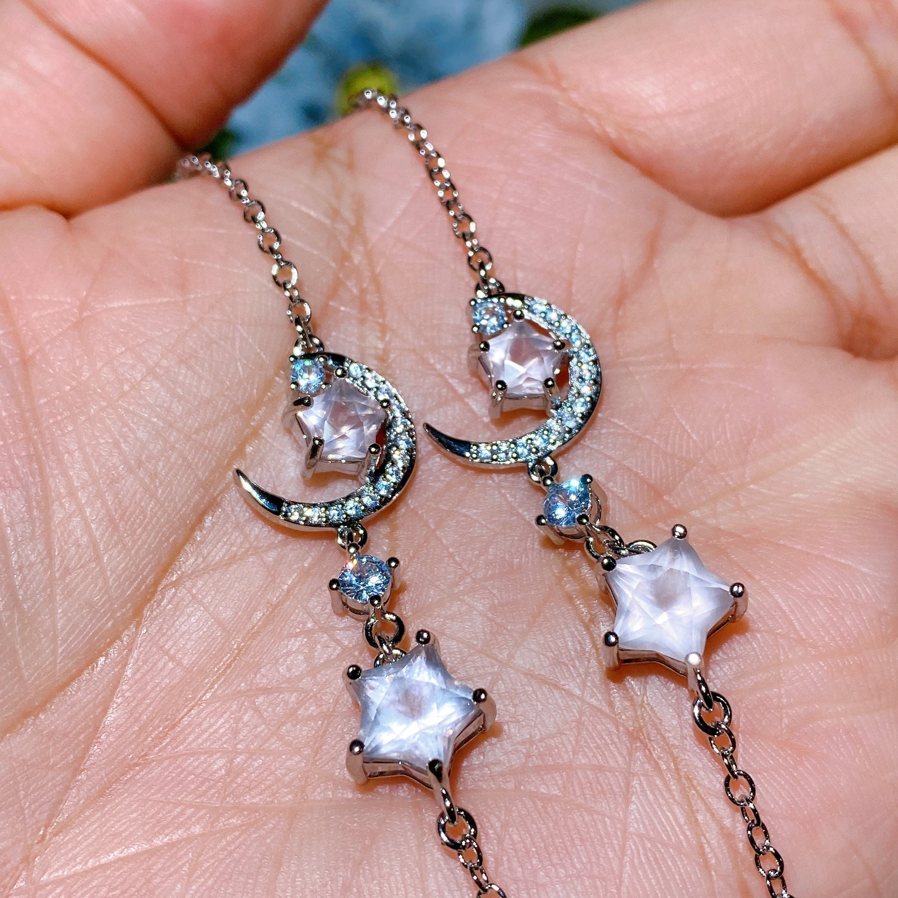 Copper Silver Plated Rose Quartz Moon & Star Bracelet