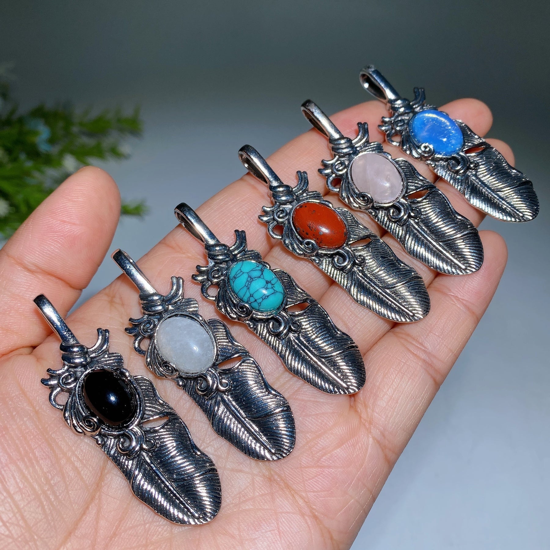 Crystal Metal Feather Pendant