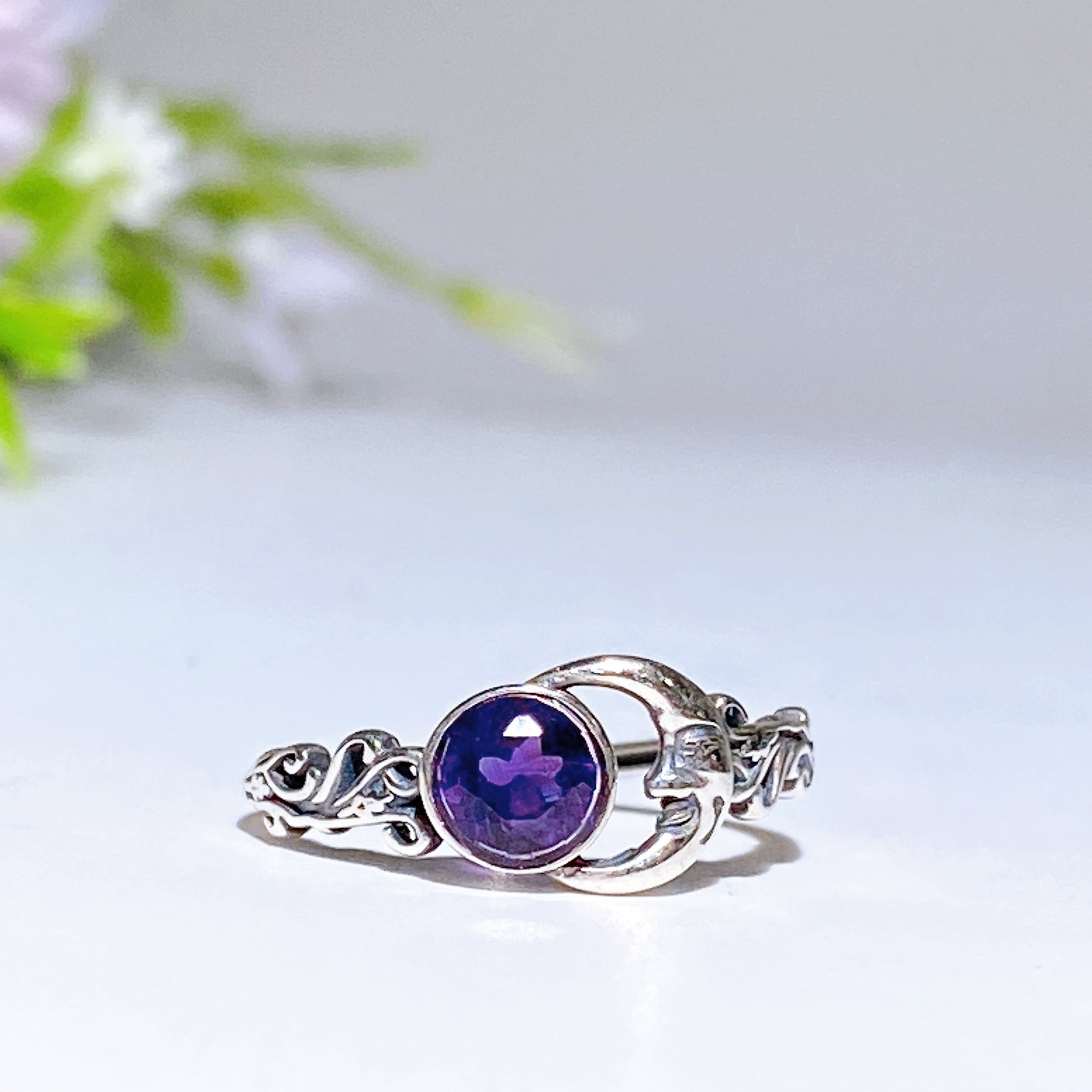 Sterling Silver Amethyst Moon Ring