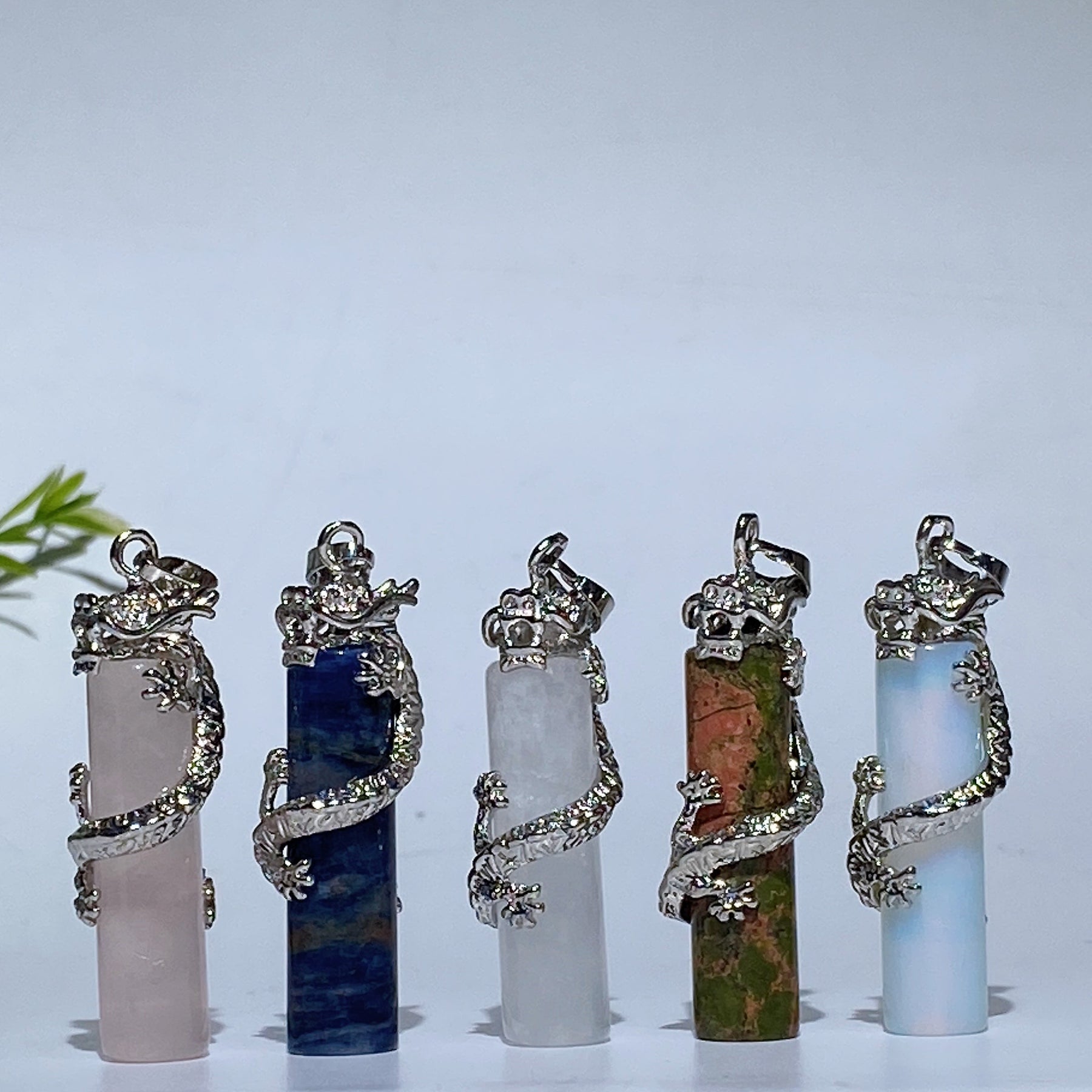 Metal Silver Dragon Coiling Around Crystal Cylinder Pendant