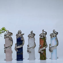 Metal Silver Dragon Coiling Around Crystal Cylinder Pendant