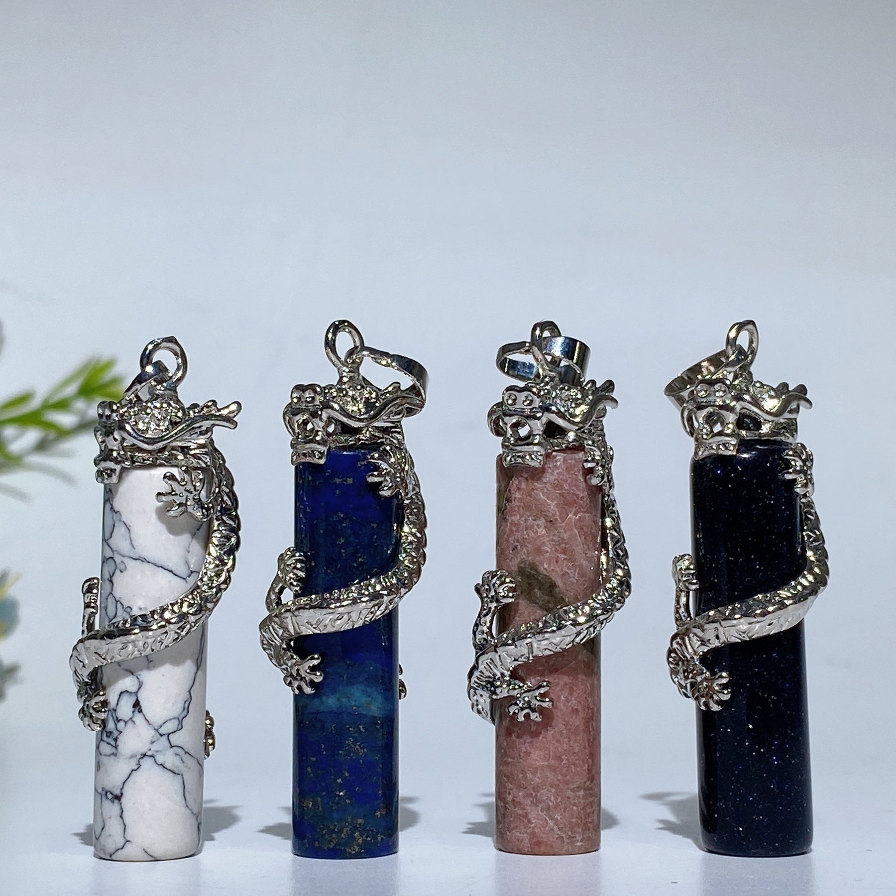 Metal Silver Dragon Coiling Around Crystal Cylinder Pendant
