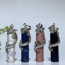 Metal Silver Dragon Coiling Around Crystal Cylinder Pendant