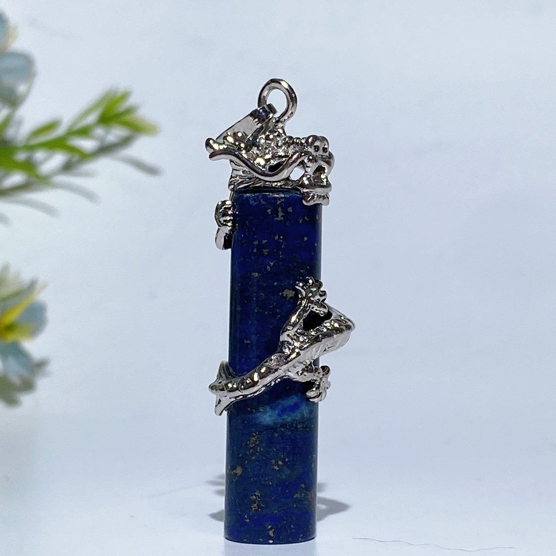 Metal Silver Dragon Coiling Around Crystal Cylinder Pendant
