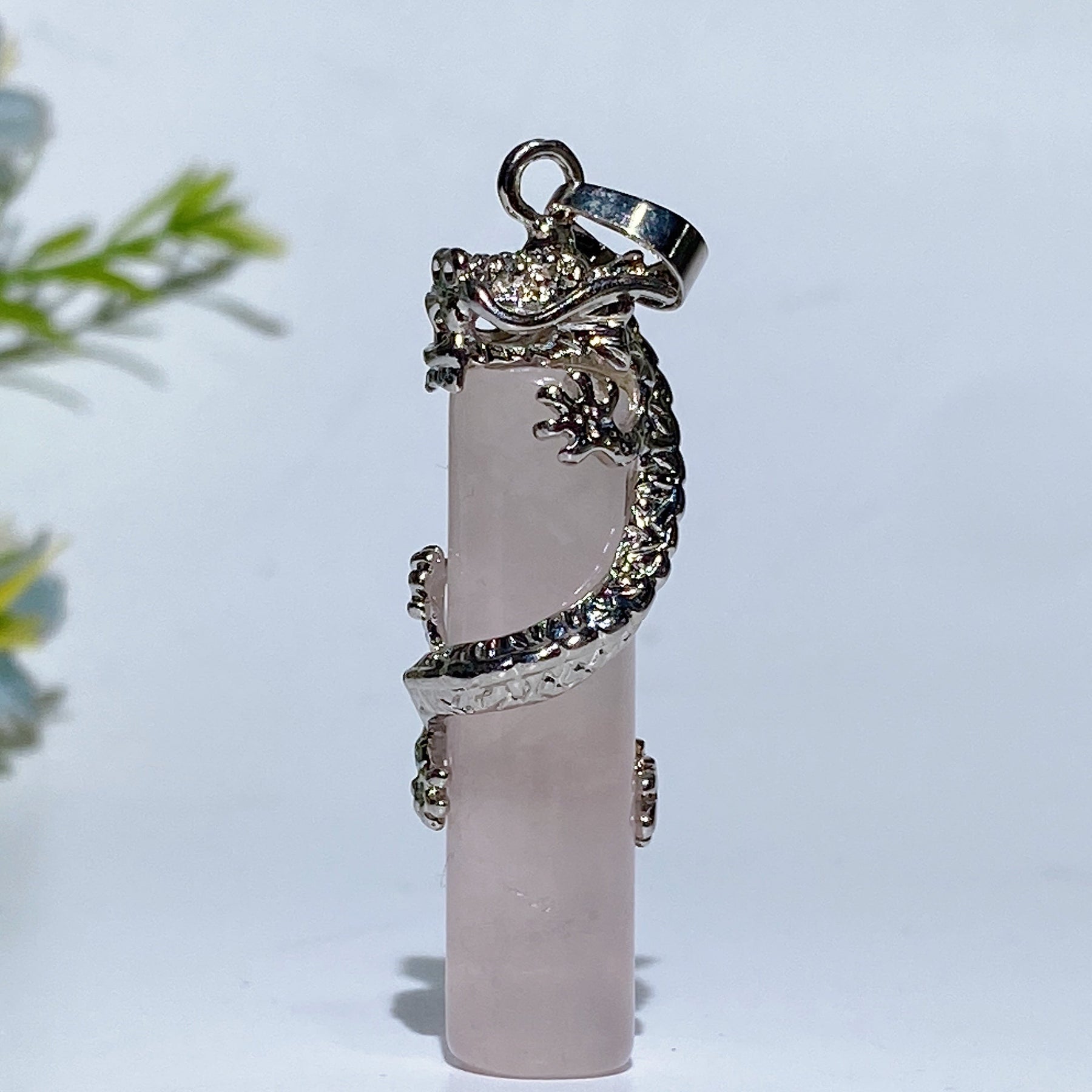 Metal Silver Dragon Coiling Around Crystal Cylinder Pendant