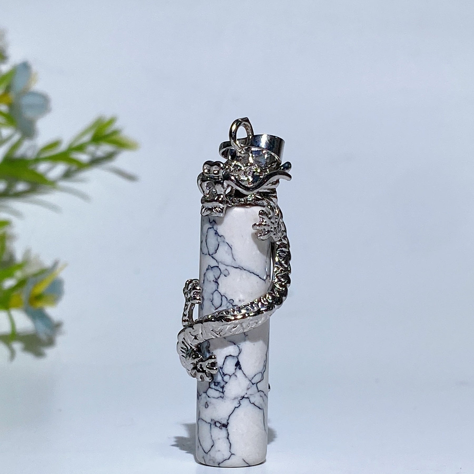 Metal Silver Dragon Coiling Around Crystal Cylinder Pendant