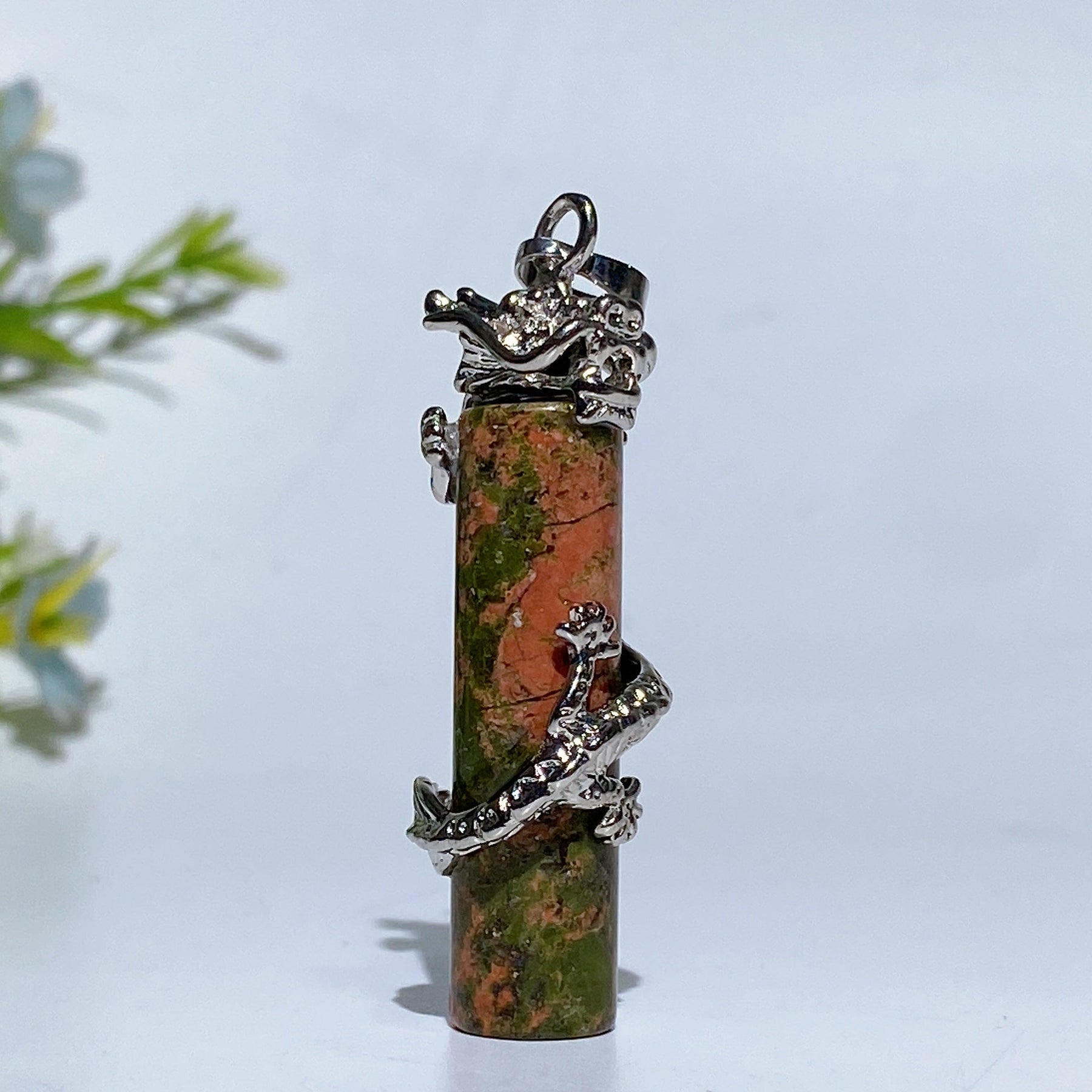 Metal Silver Dragon Coiling Around Crystal Cylinder Pendant