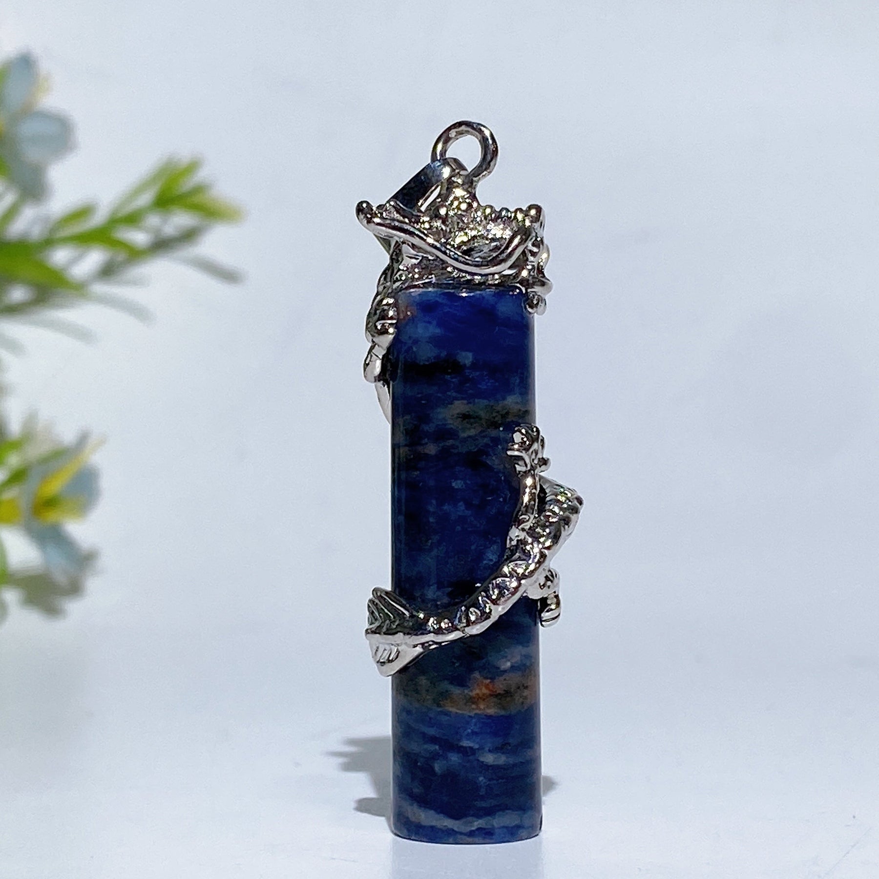 Metal Silver Dragon Coiling Around Crystal Cylinder Pendant