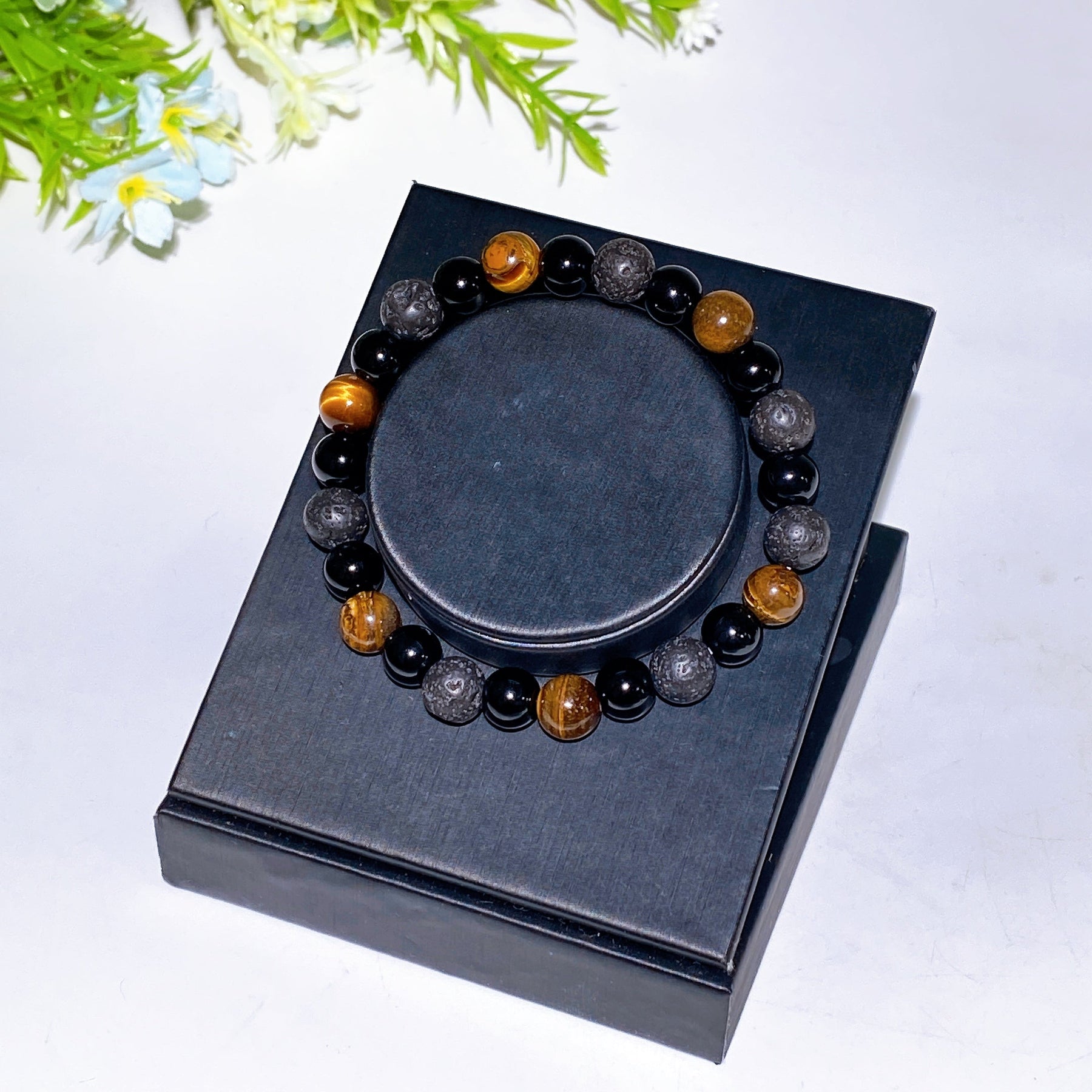 8mm Lava Stone Yellow Tiger's Eye Black Obsidian Mixed Crystal Bracelet
