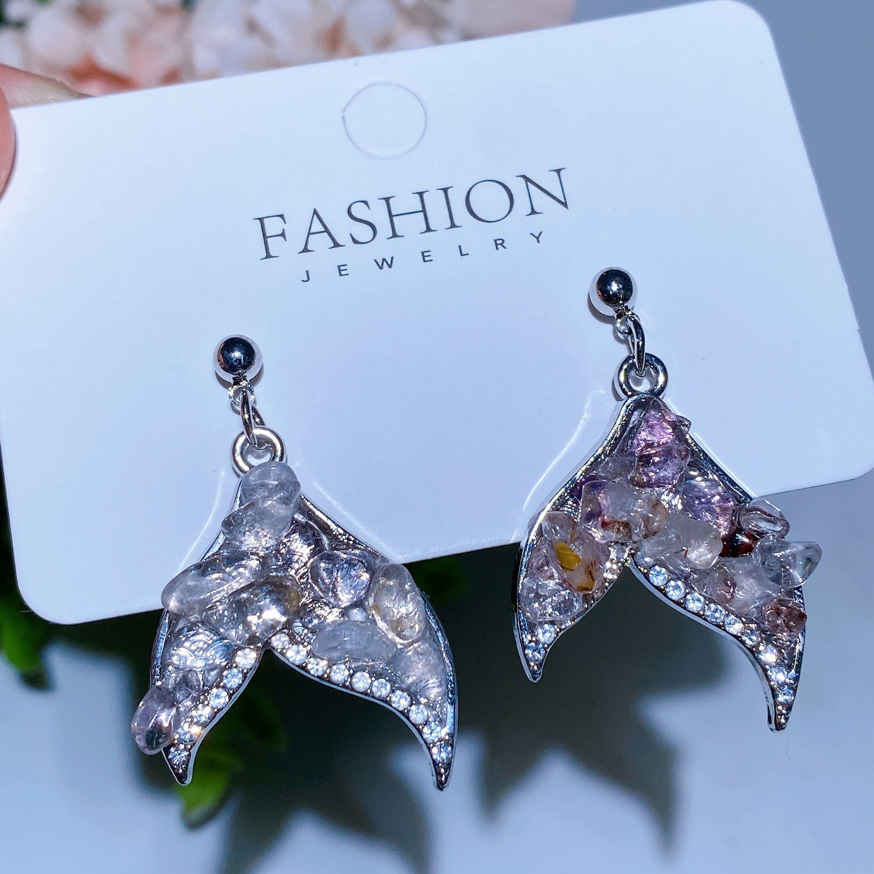 Alloy Metal Crystal Chips Fish Tail Design Earrings