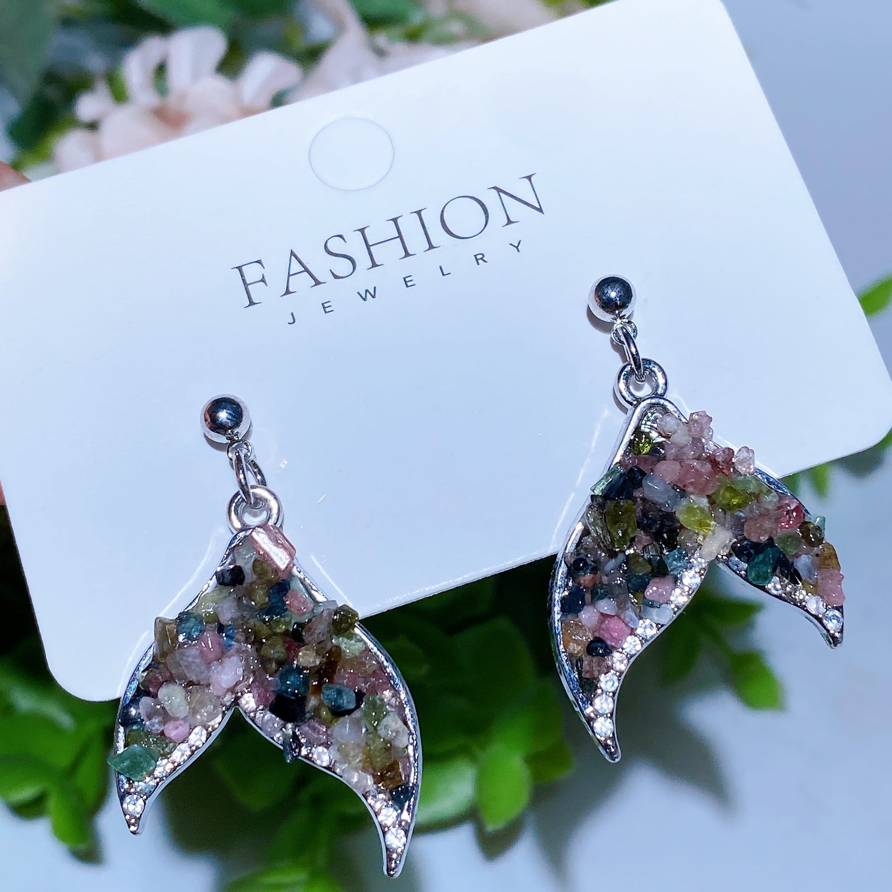 Alloy Metal Crystal Chips Fish Tail Design Earrings