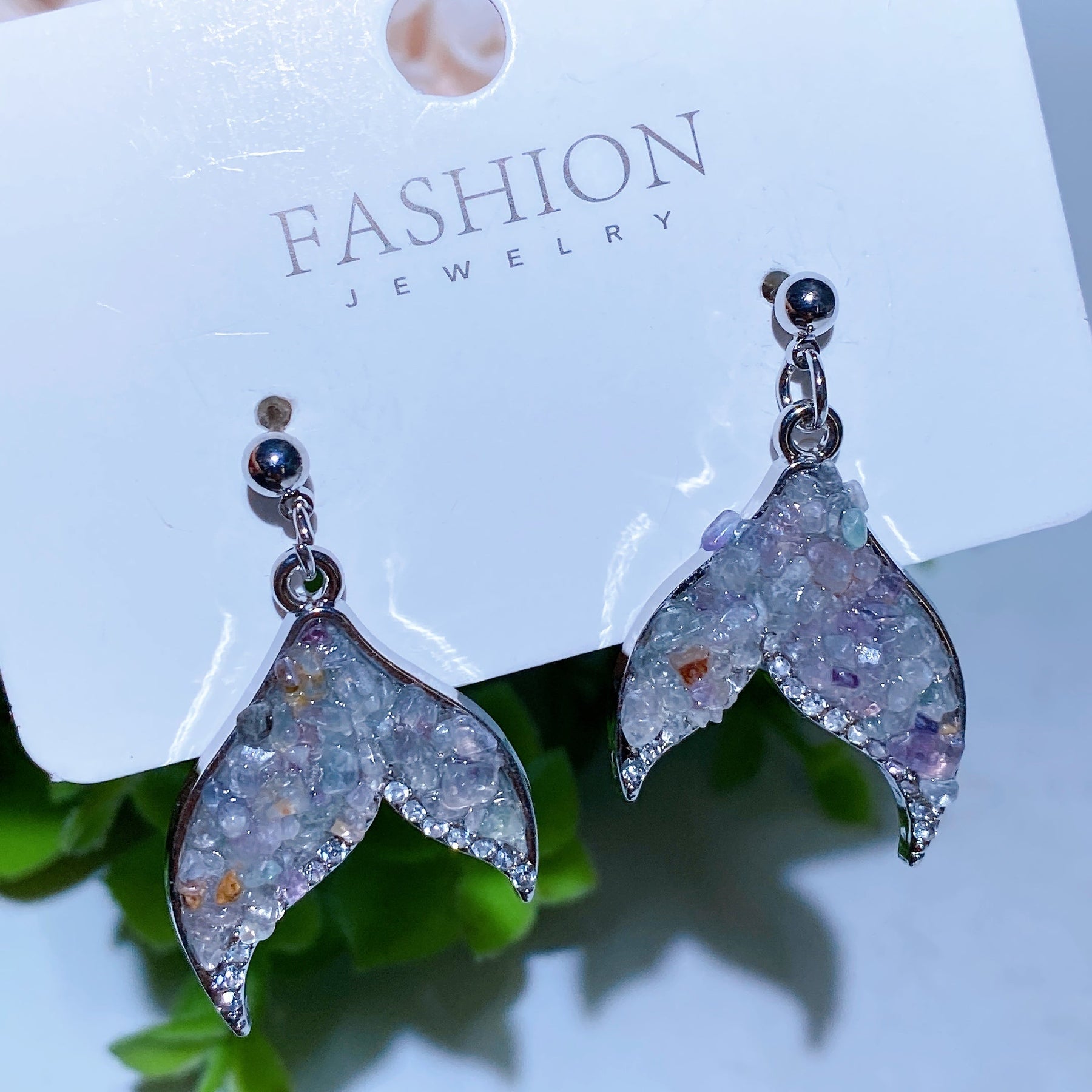 Alloy Metal Crystal Chips Fish Tail Design Earrings