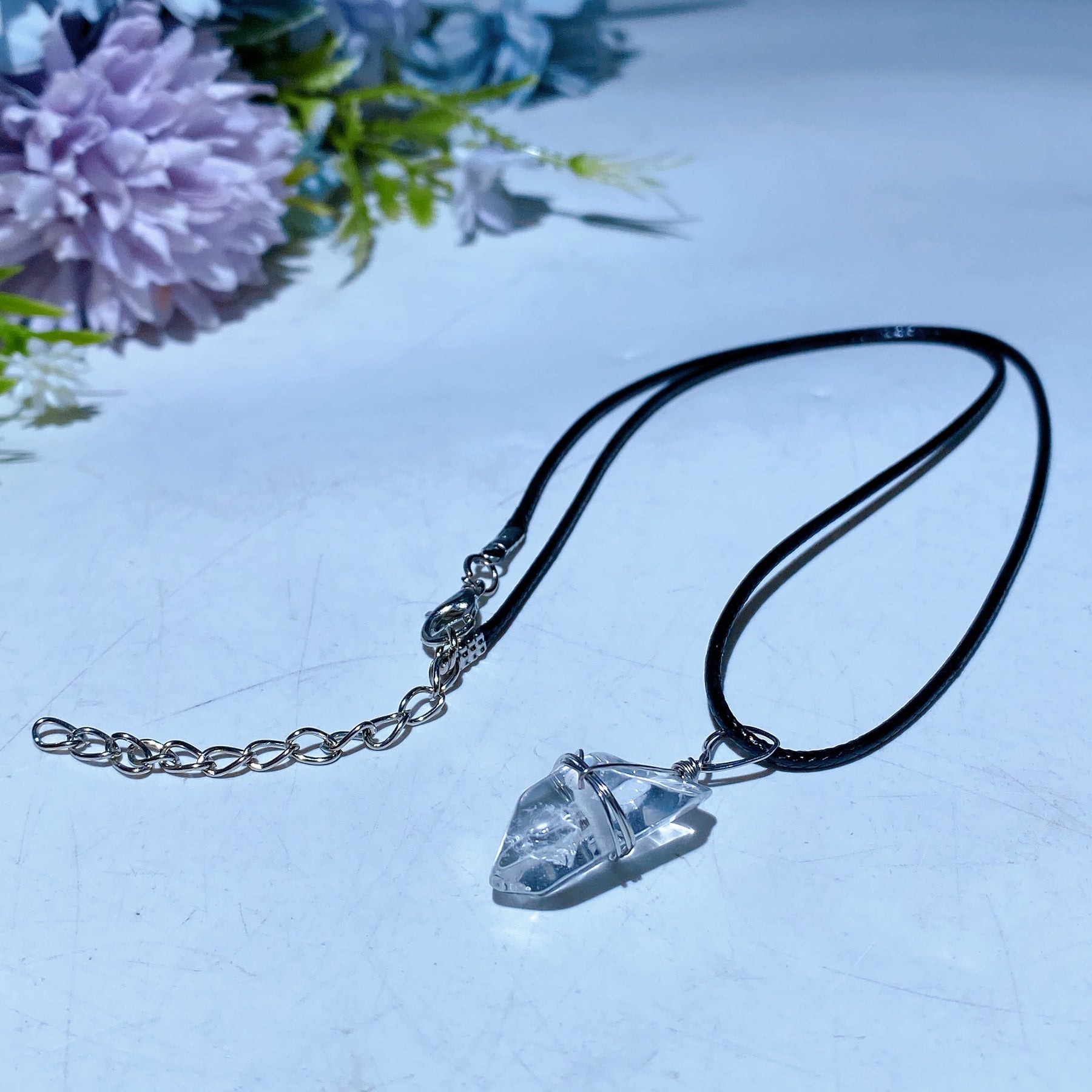 Clear Quartz Point Pendant with Black Cord