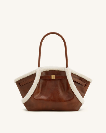 Hana Medium Faux Shearling Trim Tote Bag - Brown