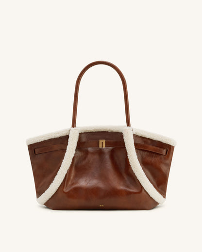 Hana Medium Faux Shearling Trim Tote Bag - Brown