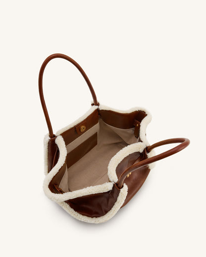 Hana Medium Faux Shearling Trim Tote Bag - Brown