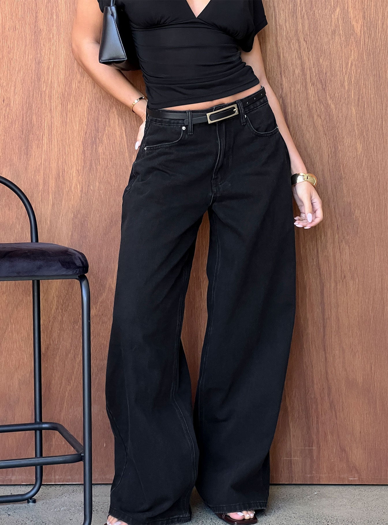 Naylor Mid Rise Wide Leg Jeans Washed Black Denim women's denim jeans by Ellevoria