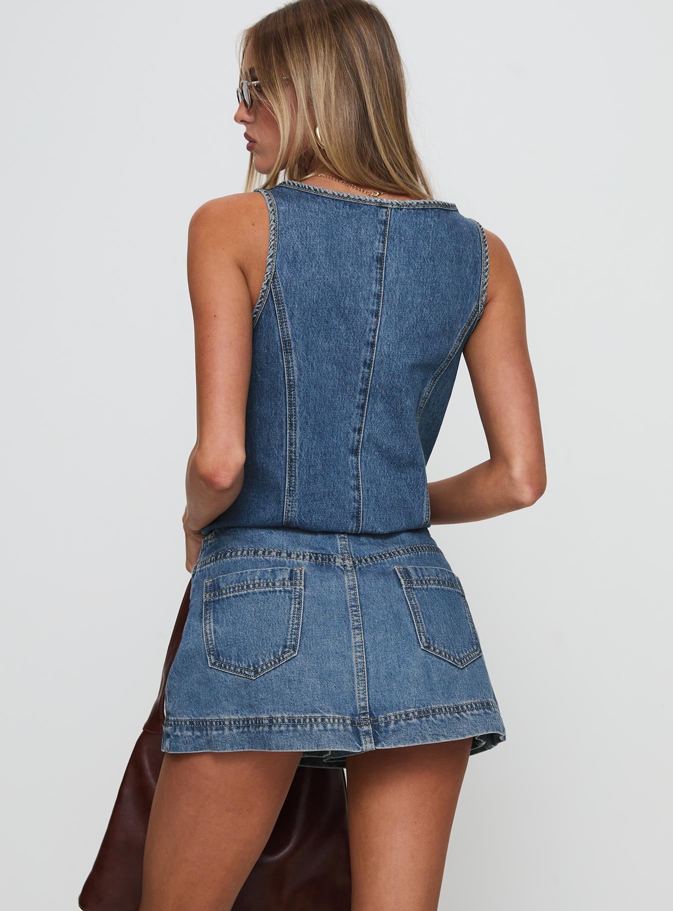 Stefenie Denim Skort Mid Wash women's two piece set by Ellevoria
