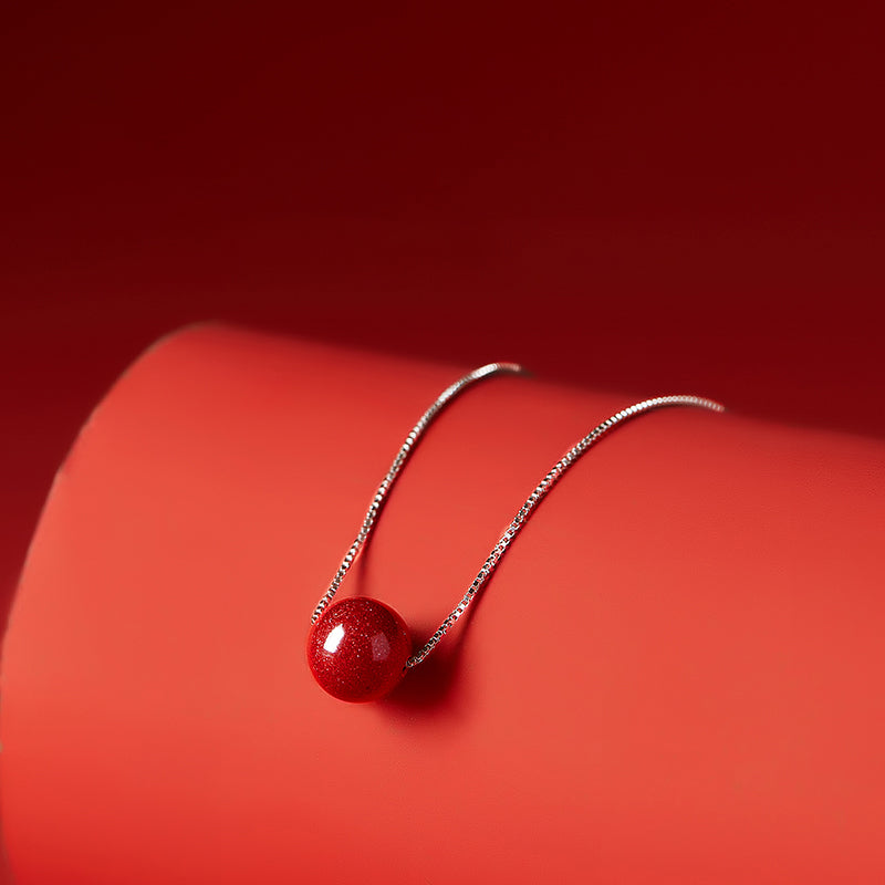 Minimalist Cinnabar Bead Silver Necklace