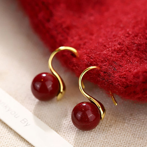 18K Gold Hook Cinnabar Earrings - Minimalist Elegance