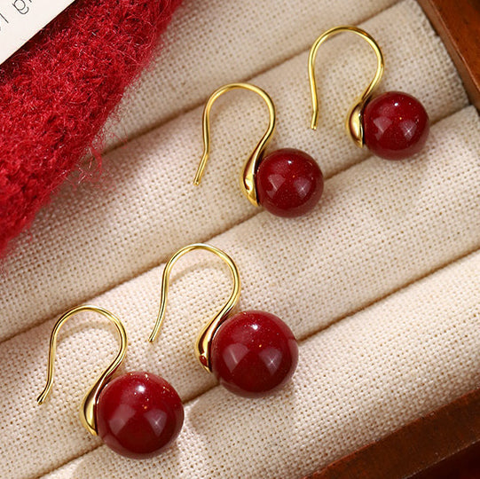 18K Gold Hook Cinnabar Earrings - Minimalist Elegance