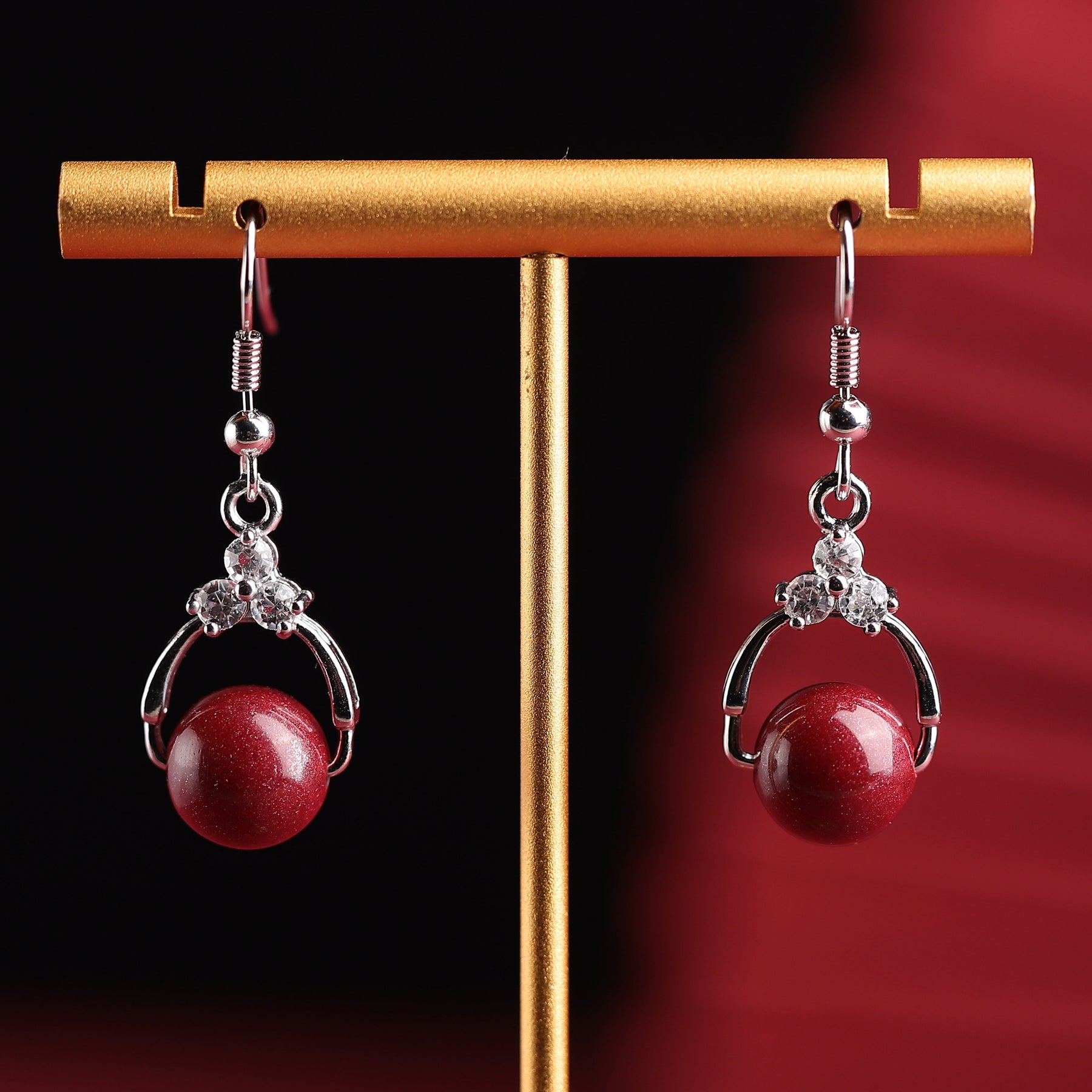 Natural Red Cinnabar Earrings - 925 Sterling Silver Hooks, Diamond Accents, Genuine Cinnabar Beads