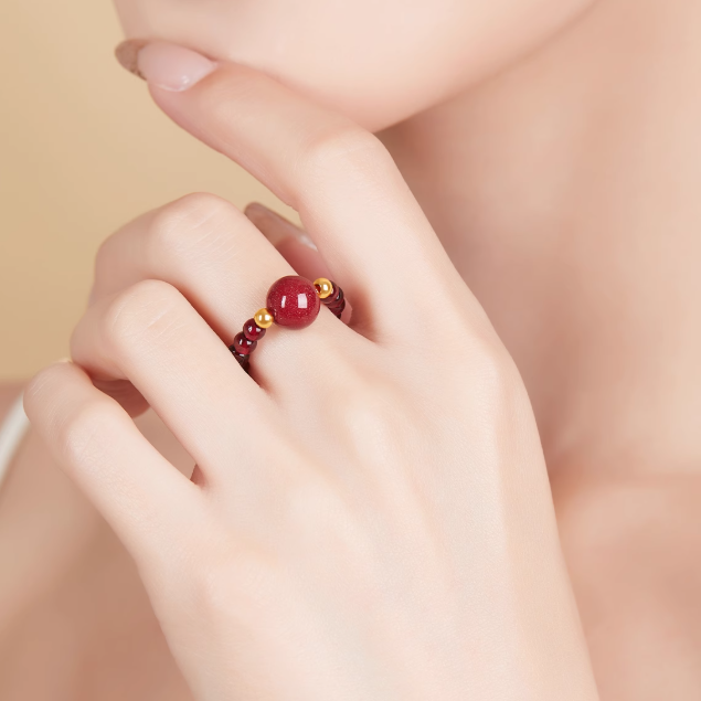 Cinnabar Bead Ring with Garnet and 14K Gold Accents