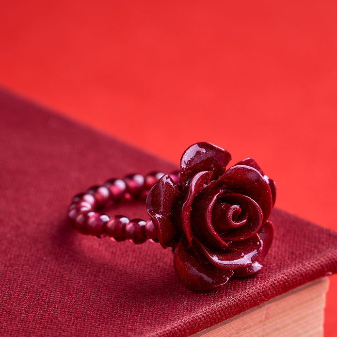 Adjustable Garnet and Cinnabar Rose Ring with 14K Gold Beads
